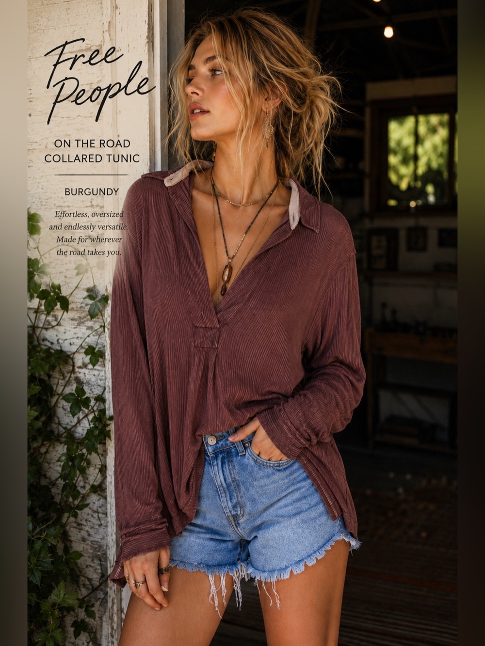 Free People On The Road Burgundy Oversized Collared Tunic Top Boho Indie Medium